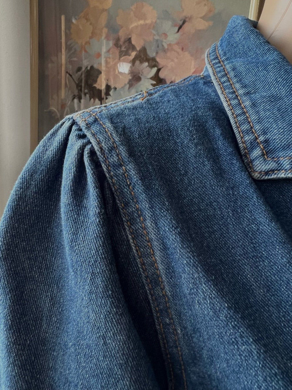 Dark Blue Denim Long-Sleeve Button-Corset Waist Open back A-line Dress - Picture 6 of 16